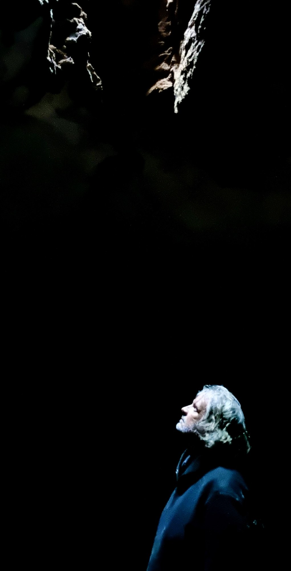 Brian Larwood looking up through the limestone aperture toward the light in the cave